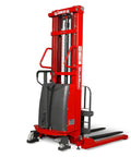 MechMaxx 3300 Lb Semi Electric Straddle Stacker With 118 Inch Lift Height featuring adjustable forks and sturdy design for warehouse use.