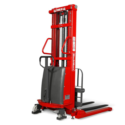 MechMaxx 3300 Lb Semi Electric Straddle Stacker With 118 Inch Lift Height featuring adjustable forks and sturdy design for warehouse use.