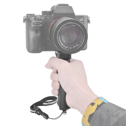 Hand holding Ergonomic Camera Grip Stabilizer Rig for DSLR Mirrorless and Camcorder, Ultra Portable Handheld Selfie Stick Mount.
