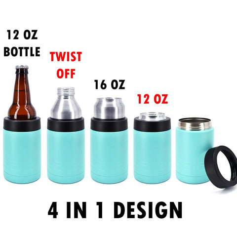 Double Wall Vacuum Insulated 12 Oz Can Cooler Keeps Your Drinks Dank And Icy Cold Food Grade Stainless Steel Tumbler With Screw Lid, showing 4 in 1 design and various sizes.