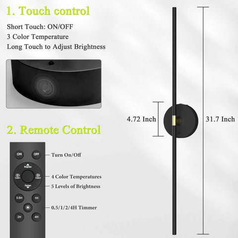User interface for Wireless Wall Sconces Set Of Two With 10000Mah Rechargeable Battery Cordless Lights displaying touch and remote controls.