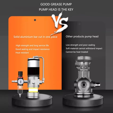Comparison of Heavy Duty High Temp Grease Pump For 5 Gallon Bucket With 19 Foot Explosion Proof Hose and competitor's pump heads.