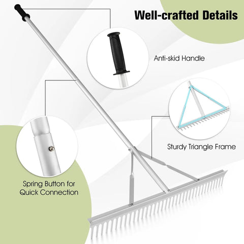 36 Inch Aluminum Landscape Rake With 36 Tines And 68 Inch Non Slip Handle showing anti-slip grip and sturdy frame.