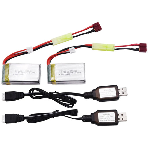 Two Pack 7.4V 850mAh LiPo Battery With Mini Tamiya Plug For 1 By 18 Scale RC Cars Trucks, 6.29Wh, 2S, Rechargeable Power Upgrade With USB Cable Included Today shown with cables and adapters.