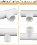 Product display of 20-Pack 1/2 Inch Tee PVC Fittings Furniture Grade 3 Way Connectors, front and side views, DIY projects use.