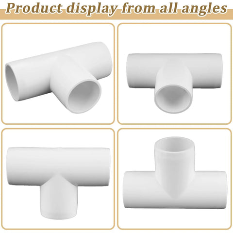 Product display of 20-Pack 1/2 Inch Tee PVC Fittings Furniture Grade 3 Way Connectors, front and side views, DIY projects use.