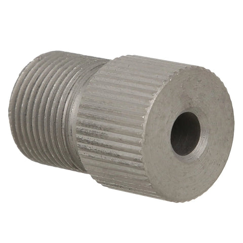 Side view of a steel drill chuck adapter sleeve with knurled outer surface and threaded end.