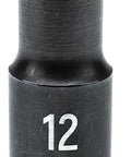 Close-up of a deep, black oxide finished socket from the 39 Piece 1/2 Inch Drive 6 Point Impact Socket Set Standard And Deep Metric With Off Corner Loading To Prevent Rounding Black Oxide Finish For Corrosion Resistance Beefy Durable Build.