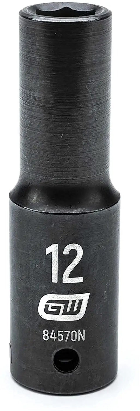 Close-up of a deep, black oxide finished socket from the 39 Piece 1/2 Inch Drive 6 Point Impact Socket Set Standard And Deep Metric With Off Corner Loading To Prevent Rounding Black Oxide Finish For Corrosion Resistance Beefy Durable Build.