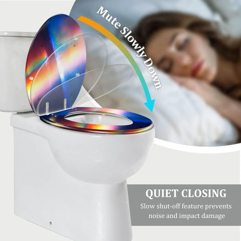 Elongated Toilet Seat Soft Close for Bathroom with colorful design, features quiet closing, fits standard toilets, 14.5" x 18.5".