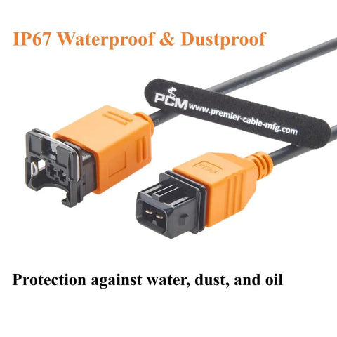 Garage Tested Two Pin JPT Extension Cable With IP67 Sealed Male To Female Plugs 18AWG Copper Auto Wiring Harness close-up view of waterproof connectors