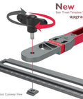 Close-up of Dead On Adjustable Stair Tread Template Tool showing gray metal cutaway and locking knob design for precise measurements.