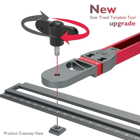 Close-up of Dead On Adjustable Stair Tread Template Tool showing gray metal cutaway and locking knob design for precise measurements.