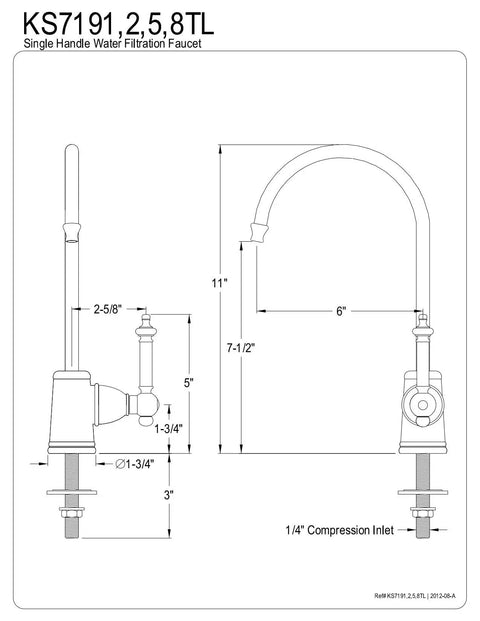 Diagram of Templeton Single Handle Water Filtration Faucet in Polished Brass with 6-Inch Spout Reach, showing dimensions.