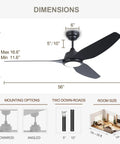 Dimensions and installation options for Chill Out With This Super Quiet 56 Inch Black Modern Smart Ceiling Fan With Lights Remote Wifi Alexa Compatible Dc Motor High Cfm For Bedroom Living Room Patio Gazebo Porch Indoor Outdoor Use.