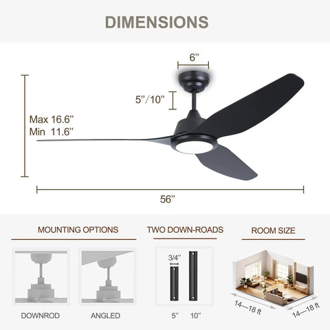 Dimensions and installation options for Chill Out With This Super Quiet 56 Inch Black Modern Smart Ceiling Fan With Lights Remote Wifi Alexa Compatible Dc Motor High Cfm For Bedroom Living Room Patio Gazebo Porch Indoor Outdoor Use.