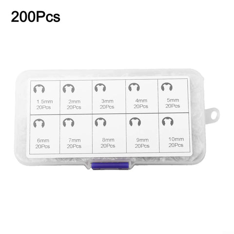 Get The Ultimate 200Pcs Stainless Steel E Clip Assortment For Shaft And Bearing Fixing Including 10 Diverse Sizes To Upgrade Your Auto Machinery Repair Game With Tough Rust Resistant Fasteners Plus Handy Storage Case Ready To Bust Out This Bad Boy On Any - 200 pcs E clip kit in storage case showing sizes 1.5-10mm.