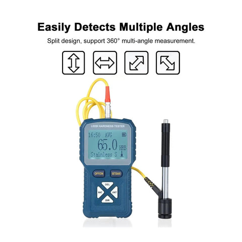 Nimble And No Fuss Portable Hardness Tester For Metals Quick Convert HLD HB HV HRA HRB HRC Digital Durometer Kit with 360-degree angle support.