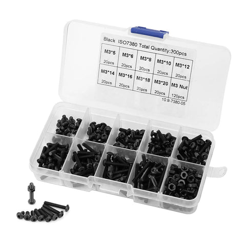 High Quality 300 Piece M3 Bolts And Nuts Set Featuring Black Button Head Hex Socket Screws Durable Machine Fastener Assortment Kit For Home Repair Projects With Organized Storage Box Heavy Duty Hardware Solutions Gets The Job Done Right Great Value Today. Black M3 button head screws and nuts in organized storage box, sizes M3x5 to M3x20