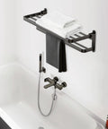 Bathroom Lavatory Towel Rack With Two Towel Bars And Shelf 24 Inch Folding Wall Mount Organizer In Modern Gray above bathtub
