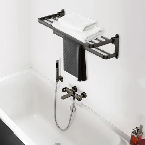 Bathroom Lavatory Towel Rack With Two Towel Bars And Shelf 24 Inch Folding Wall Mount Organizer In Modern Gray above bathtub