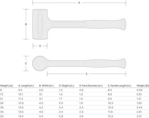 Diagram showing dimensions of Dead Blow Hammer 26 Oz With Textured Nonslip Grip For Less Rebound And Superior Control In Auto Shop And Home Repairs Pro Grade Build Made In USA HDB30026 Heavy Duty