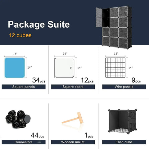 Portable Cube Storage Organizer With 12 14x14 Inch Wire Cubes, 44x14x58 Inches, Black Awesome For Clothes And Toys, Easy Assembly