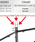 Sizing chart for 31.8mm Quick Release Bicycle Seatpost Clamp In Sandblasted Anodized Aluminum Ultra Lightweight Hollow Design