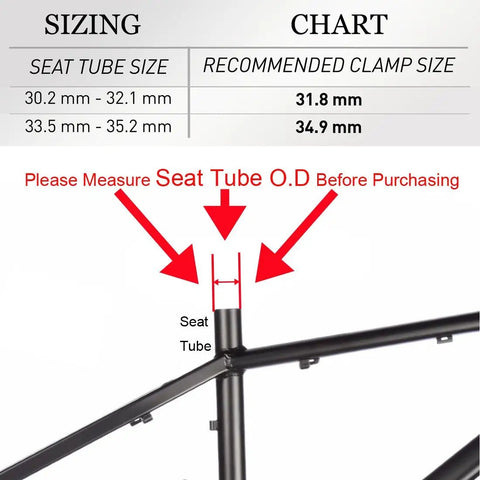 Sizing chart for 31.8mm Quick Release Bicycle Seatpost Clamp In Sandblasted Anodized Aluminum Ultra Lightweight Hollow Design