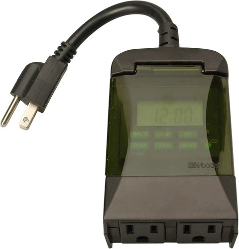 Weatherproof Seven Day Outdoor Digital Plug In Timer featuring dual grounded outlets and no sweat programming, black, for energy savings.