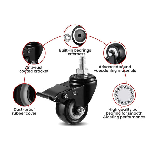 Heavy Duty Polyurethane Swivel Caster Wheels Set Of Four With Parking Brakes M10x25mm threaded stem with built-in bearings