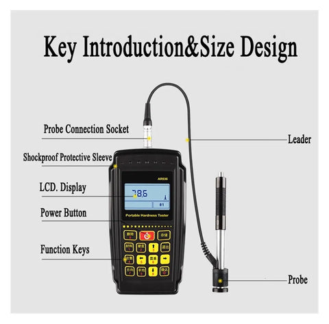 Super Handy Digital Hardness Tester For Metals That Reads Hardness Levels From 170 To 960 HLD showing LCD display and probe design.