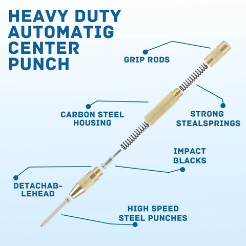 Automatic Center Punch Kit Two Piece Spring Loaded Center Marker Tool Heavy Duty Steel Adjustable With Extra Replacement Tips