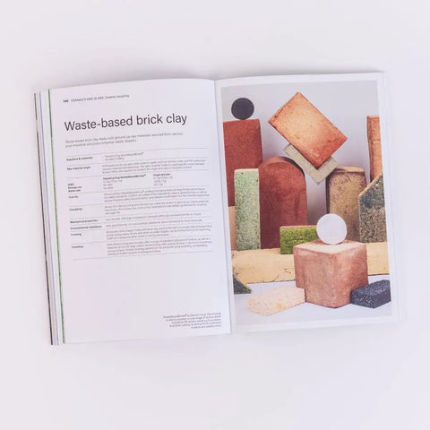 Open book showing sustainable materials for product design, waste-based brick clay section.