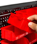 Hand removing red bin from 30 Compartment Wall Mounted Tool Organizer Bins Set For Tools, Hardware, Craft Supplies, Blackred Finish
