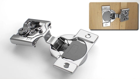 Soft Closing 3/8 Inch Overlay Face Frame Cabinet Hinges, 105 Degree, 6-Way 3-Cam Adjustable Concealed Kitchen Door Hinges With Screws, Two Pack Easy Install shown in silver finish.