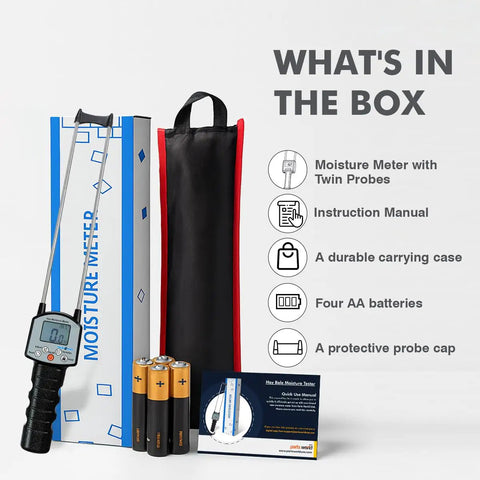 Hay Moisture Meter With Heavy Duty Probe For Hay, Alfalfa, Clover And Grass, Fast Accurate Moisture Readings For Farmers And Livestock Pros, Portable And Easy To Use In The Field. Kit with twin probes, case, batteries, manual