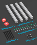 Open Slot Cable Duct Kit 62.8 Inches Four Pack Cable Management Raceway For Under Desk Wires with tape, screws, ties, and clips shown.