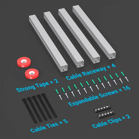 Open Slot Cable Duct Kit 62.8 Inches Four Pack Cable Management Raceway For Under Desk Wires with tape, screws, ties, and clips shown.