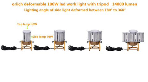 Four views of 14000 Lumen LED Work Light with Stand and Adjustable Tripod, 100W Deformable Light Rotates from 180 to 360 Degrees
