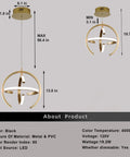 Diagram of Lit Modern Gold Globe Pendant LED Chandelier With 3 Adjustable Rings 4000K Dimmable Indoor Light Fixture 19.2W