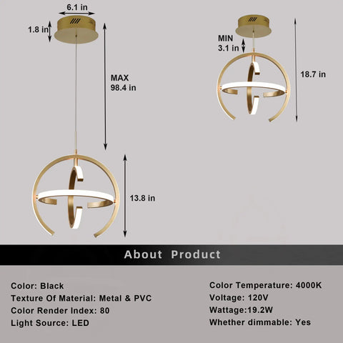 Diagram of Lit Modern Gold Globe Pendant LED Chandelier With 3 Adjustable Rings 4000K Dimmable Indoor Light Fixture 19.2W