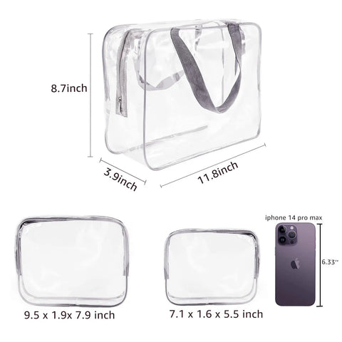 Three Pack Clear PVC Travel Toiletry Bags Set For Women And Men Waterproof See Through Organizer Pouches with Zipper Handles