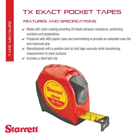 Rugged Pocket Tape Measure 26 Ft Imperial And Metric, Nylon Coated Blade, Self Adjusting End Hook, Steel Belt Clip displayed
