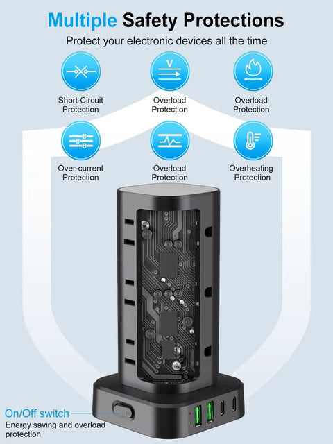 17 In 1 Power Strip Tower With Wireless Charger, Flat Plug Surge Protector, 10ft Extension Cord, 12 AC Outlets And 4 USB Ports (2 USB-C, 2 USB-A), 15W Wireless Charging For Home Office Dorm, Black, safety protections