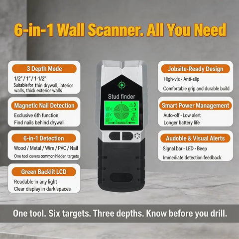 6 in 1 Stud Finder Wall Scanner-Electronic Stud Detector with Magnetic Sensor,LCD Display&Sound Alarm for Wood,Metal,AC Wire,Pipe Detection,3 Depth Modes-Black with green LCD and buttons
