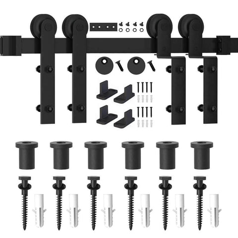 9Foot Single Track Bypass Sliding Barn Door Hardware Kit For Double Doors With Low Ceiling Easy Install Heavy Duty Steel Rail And Rollers Quiet And Smooth Sliding components