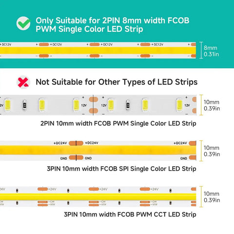 Diagram showing only 8mm 2-PIN FCOB LED Connector Kit 0.31in suitability, not for 10mm 3-PIN LED strips.