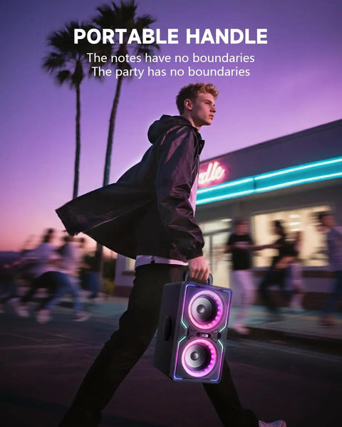 Person carrying Beast 240W Peak Bluetooth Party Speaker with Deep Bass, 15 Hour Playtime, Fast Charge, TWS Wireless Stereo outdoors