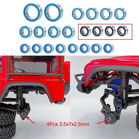 22 Piece Metal Sealed Bearing Set For 1 To 18 RC Cars Beef Up Your RC Car Upgrades And Replacements Durable Bearings Deliver Smooth Performance Reduced Friction Long Lasting Ride, shown with bearings installed on RC car axles and drivetrain